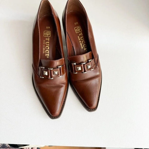 Vintage Leather Tucci Made in Italy Brown Unique Heel Loafers Shoeties 8 - Picture 7 of 15